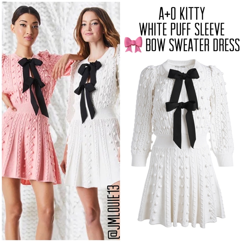 Alice + Olivia Kitty White Puff Sleeve Bow Sweater Dress